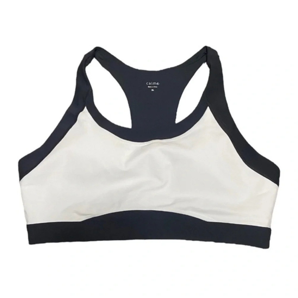 Johnny Was Calme Color Blocked Racerback Sports Bra in Onyx (Black) and White